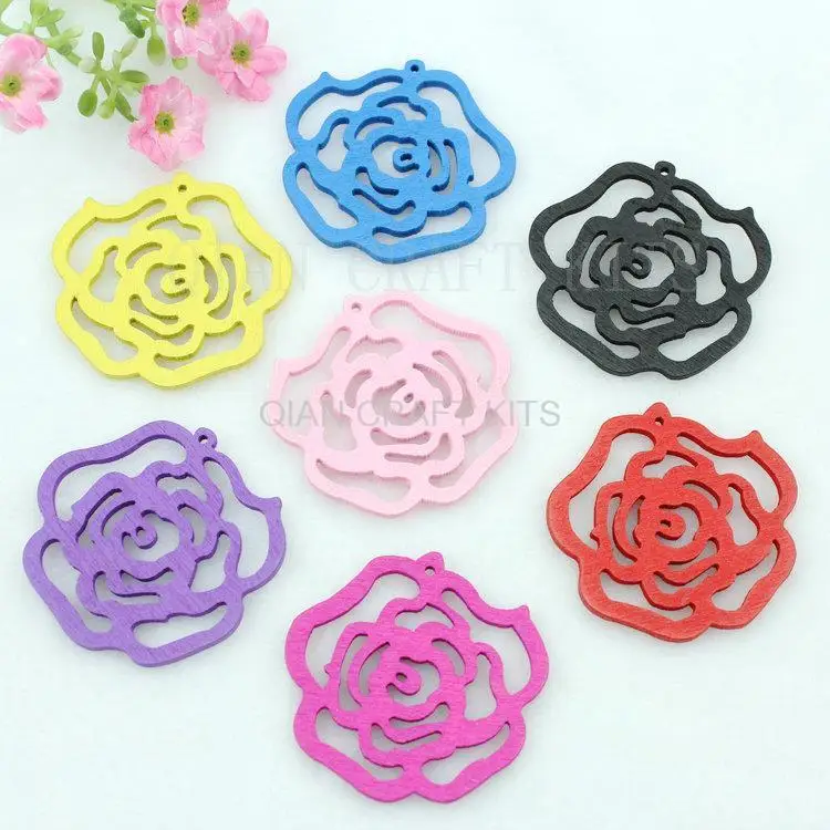 200pcs Big 46-48mm Flower Rose Filigree Wood Wooden Cabochon Pendants Charms For DIY Earrings Jewelry Making