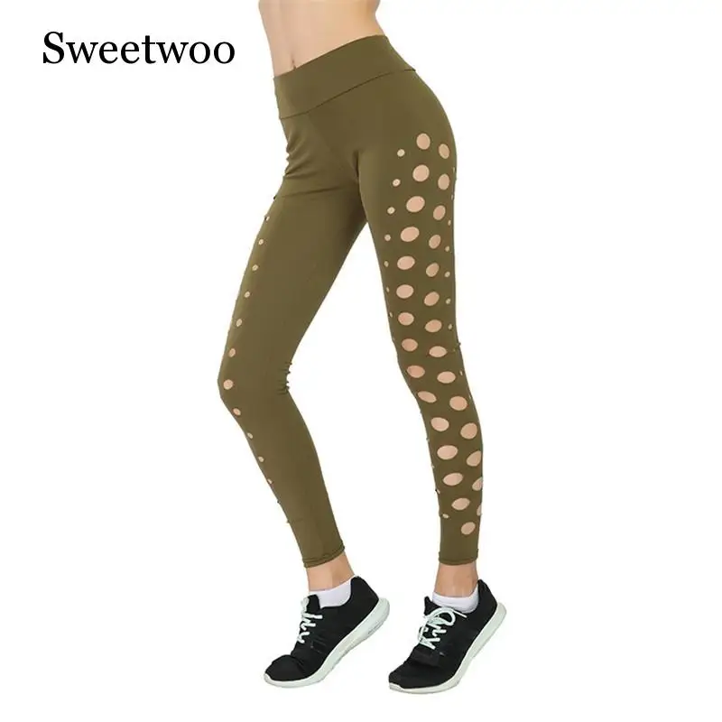 New Women Yoga Pants Elastic Fitness Sport Leggings Tights Running Sportswear Sports Pants Circle Hole High Training Trousers