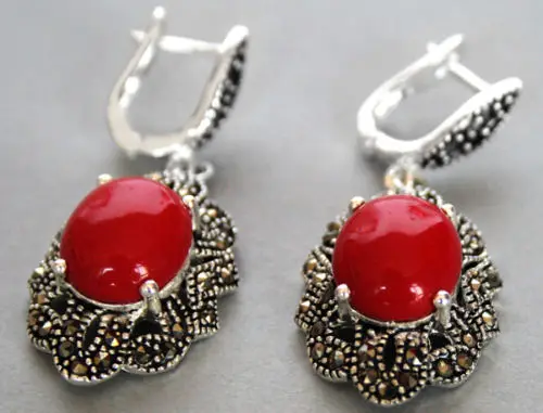 

earring - amazing 11/2" Vintage 925 Silver Marcasite Red Coral real Natural stone 925 Sterling Silver wedding jewelry earrings