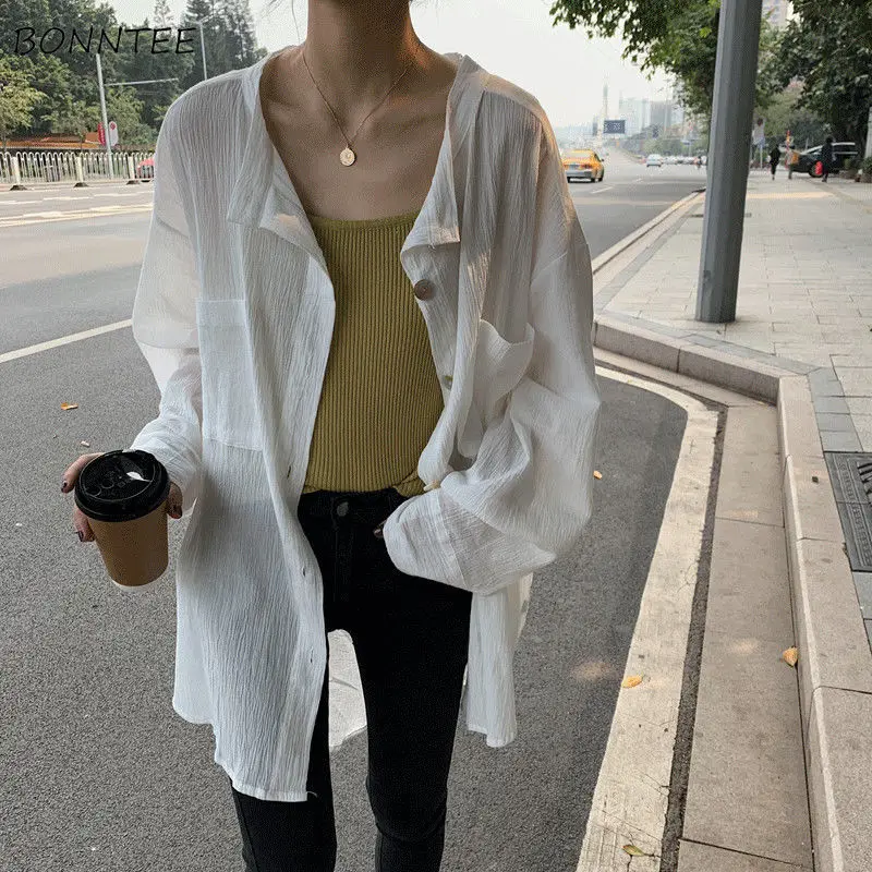 Jackets Women Summer Sun-proof Hot Sale Sheer Ins Thin Single Breasted Baggy Long Sleeve White All-match Beach Ladies Clothing