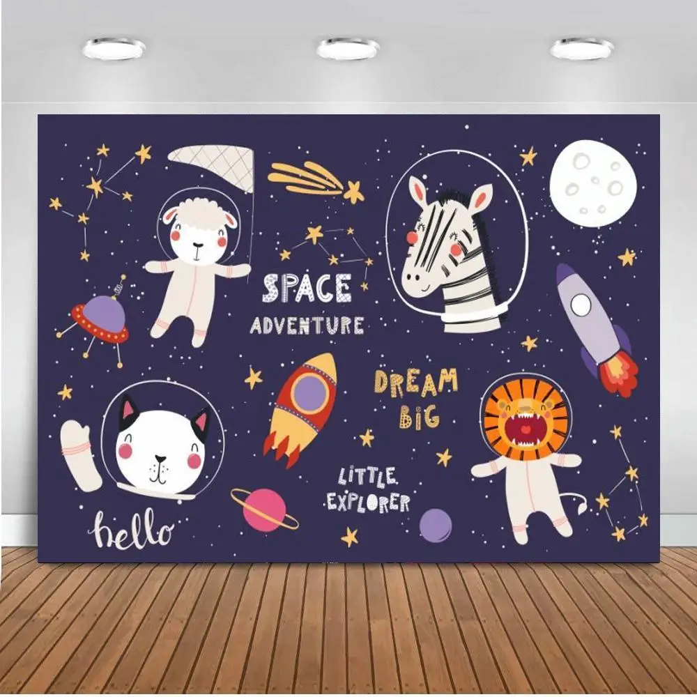 Space Stars Cartoon Animals Lion Sheep Rocket Boy Birthday Party Backdrops Vinyl Kids Celebration Cake Table Decor Backgrounds