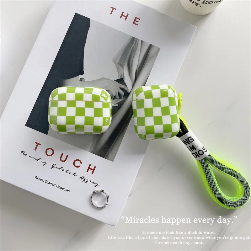 Stylish Green White Checkboard Earphone Case For Airpods1 2 Fluorescent Green Lanyard Headphone Protevtive Cover For Airpods Pro