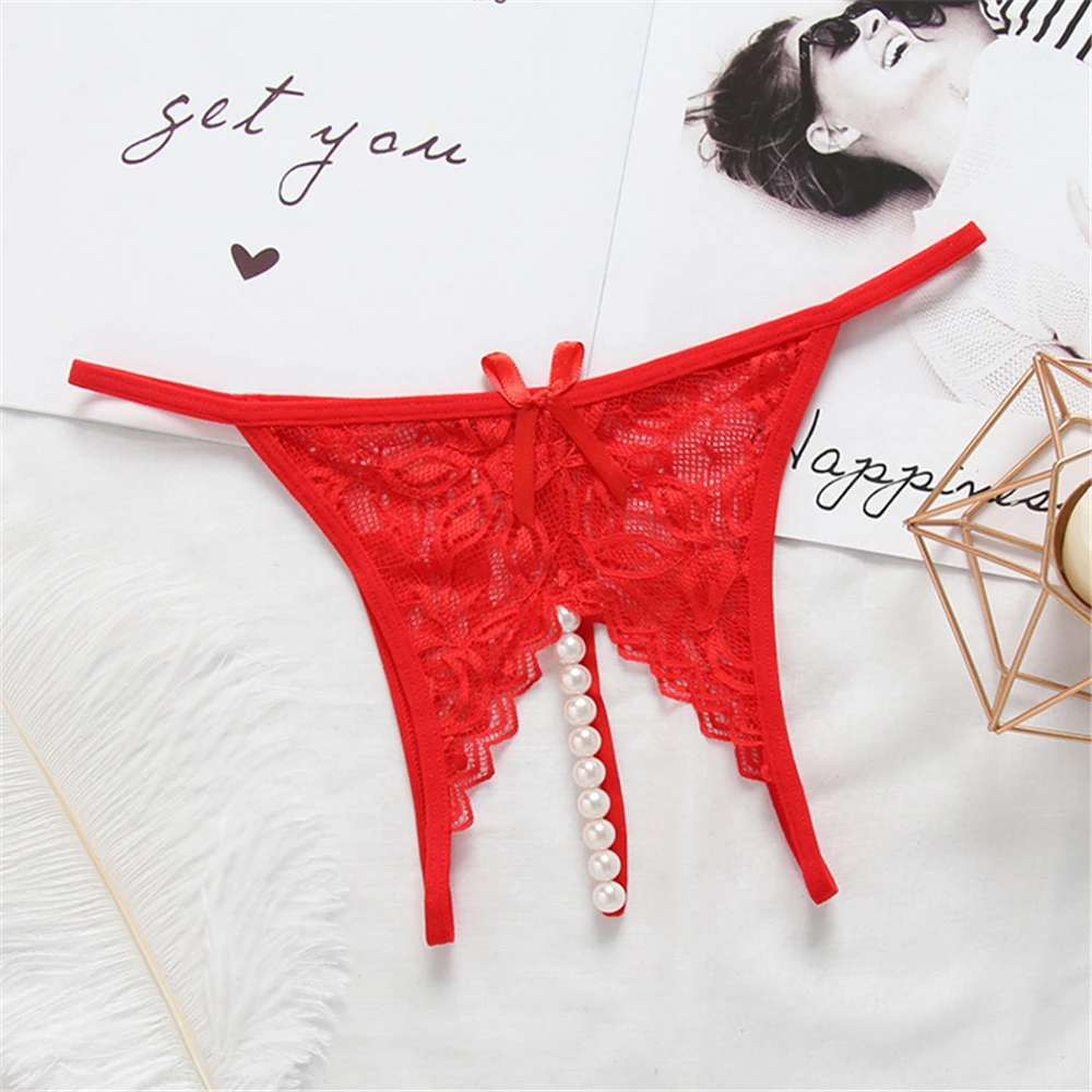 Large Size Erotic Panties Thongs Sexy Lace Transparent Underwear for Sex Ladies Crotchless Lingerie Open Pearls Crotch G-String