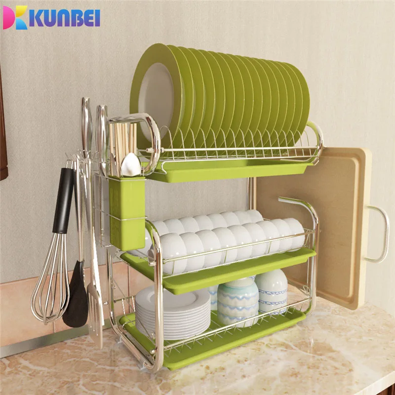 

KUNBEI 3 Tiers Dish Drying Rack Holder Basket Plated Iron Glass Storage Racks Self Kitchen Dish Drainer Drying Rack Organizer