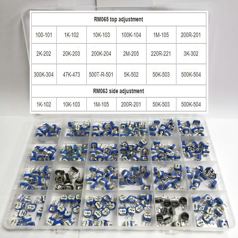 Kit surtido de potenciómetros de recorte Horizontal, película de carbono, resistencia Variable, 24 valores, RM065, 100R-2M, RM063, 240 unids/lote por caja