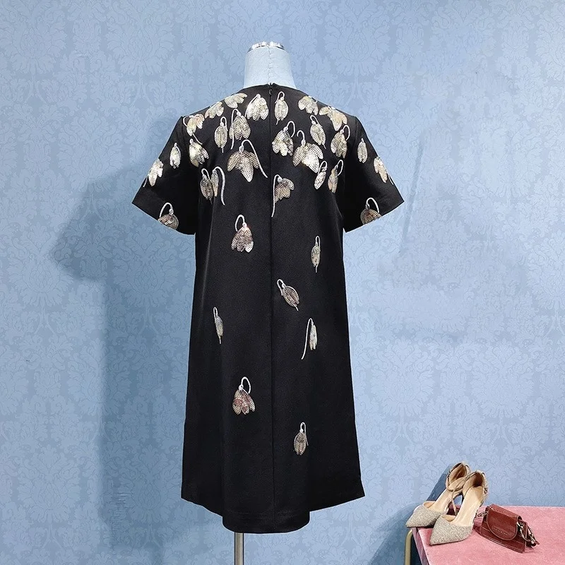 Embroidery Sequined Black Dress Women Harajuku Short Sleeve Summer Short Dresses O Neck Casual Fashion Lady A Line Chiffon Dress