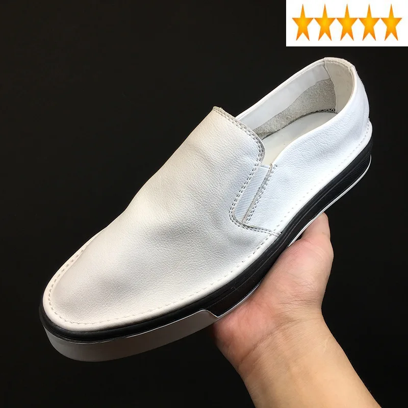 

Loafers Korean Men Fashion Genuine Leather Sneakers Breathable Summer Solid White Black Casual Flat Shoes Male Footwear