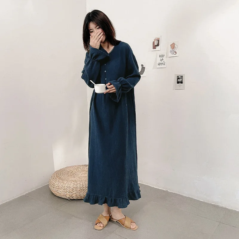 100% Cotton Woman Dress Cute Cherry Print Long Sleeve Button Up Korean Maxi Dresses Comfortable Homewear Vestido De Mujer