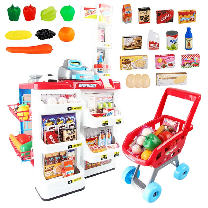 Juego de cocina de gran tamaño para niños, juguete de simulación de plástico de 82cm de altura con luz, carrito de comida de juguete para supermercado, nuevo, D76