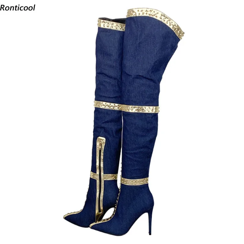 

Ronticool Handmade Women Winter Thigh High Boots Sexy Studded Stiletto Heels Pointed Toe Blue Denim Shoes Women Us Size 5-15