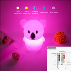 LED Cartoon Animal Koala RGB Night Light USB Rechargeable Touch Lights Kids Gift Lamp for Indoor Decoration Night Table Lamp