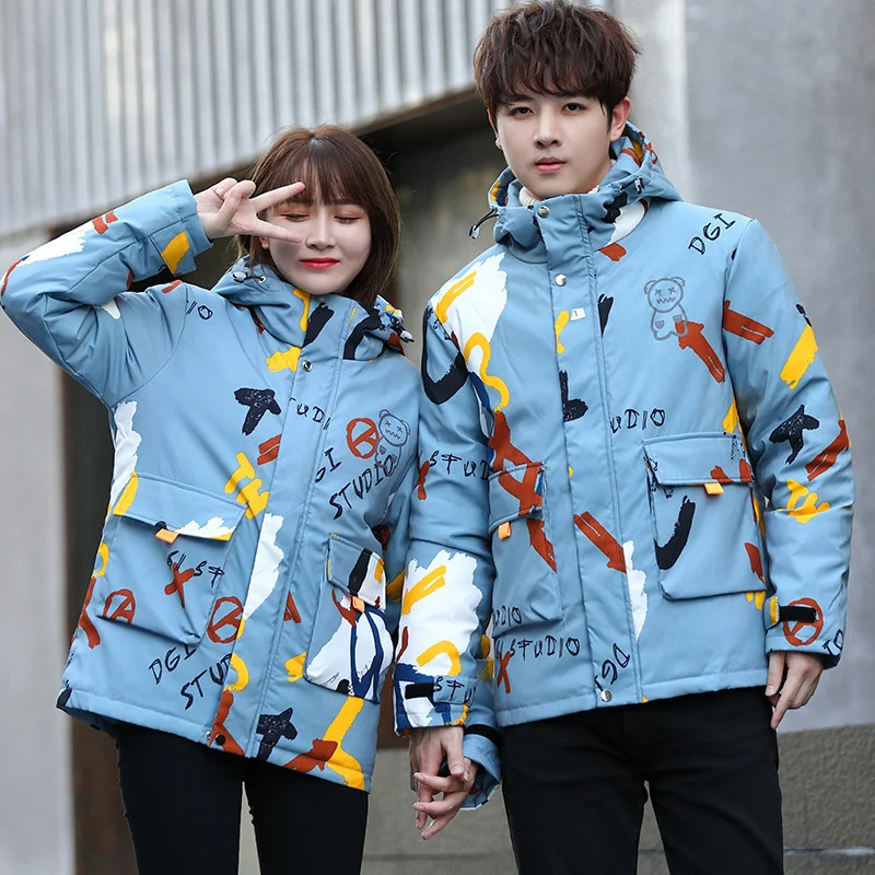 

Youth Down Jacket Men's Short Graffiti Little Evil Bear Demon Hooded Harajuku Streetwear Couple White Duck Down Outdoor Coats