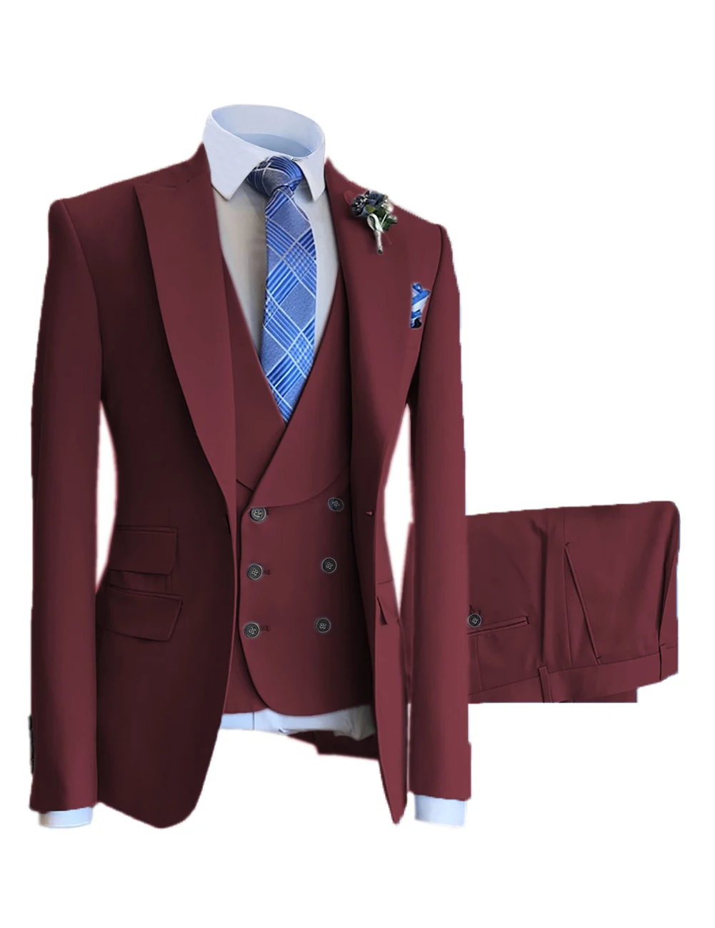 Jas Pria 3 Piece Slim Fit Selendang Kerah Wol Tweed Prom Abu-abu Tuksedo Formal Pengiring Pengantin Coklat (Blazer + Rompi + Celana)