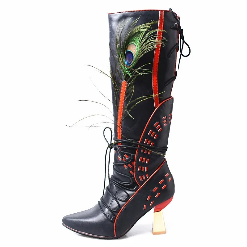 

Feather Fashion Runway Peacock Genuine Leather High Boots Women 2023 New High Heel Pointed Toe Winter Lace Up Ladies Boots Shoes