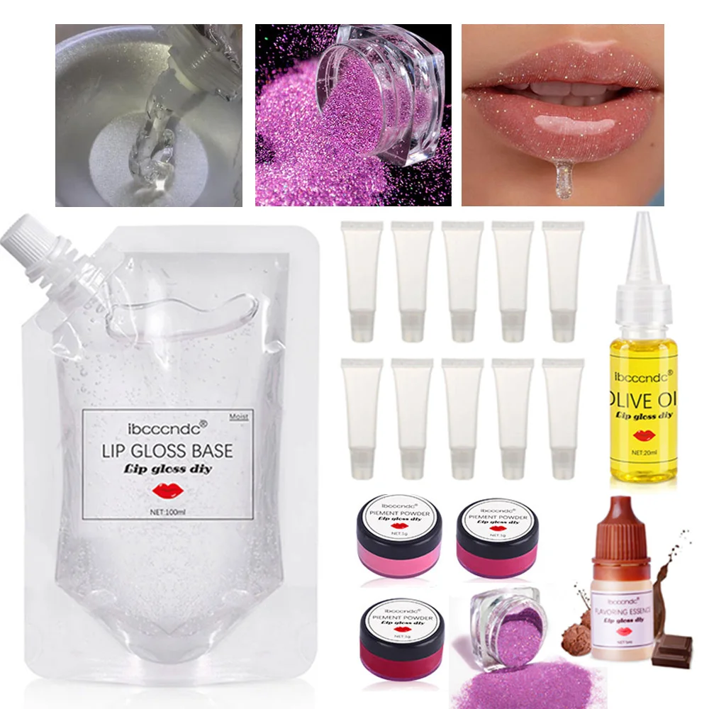 DIY Lip Gloss Tools Kit Lip Gloss Base Moisturizing Lip Gloss Gel 100ml Clear Base Gel Pigment Powder Glitter Flavor Essence