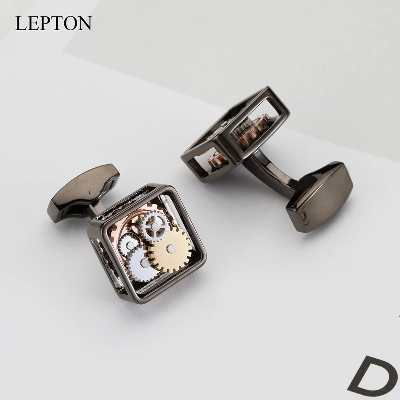 

Black Color Square Framed Steampunk Gear Watch Mechanism Cufflinks For Lepton men Business wedding cuff links Relojes gemelos