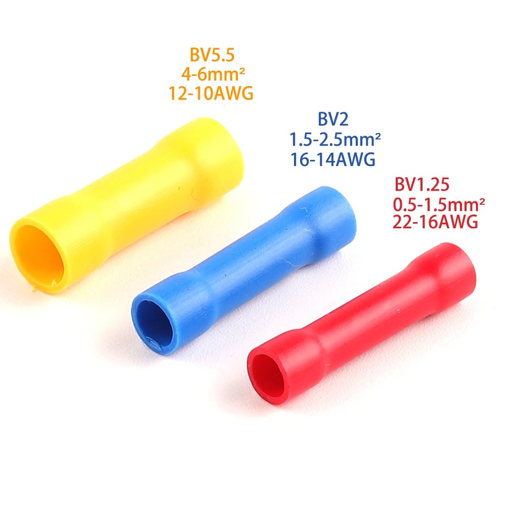 PVC Copper Conductor Insulated Straight Wire  Butt Connectors Electrical Wire Cable Crimp Terminals Set BV1.25 Red BV2 Blue BV5.