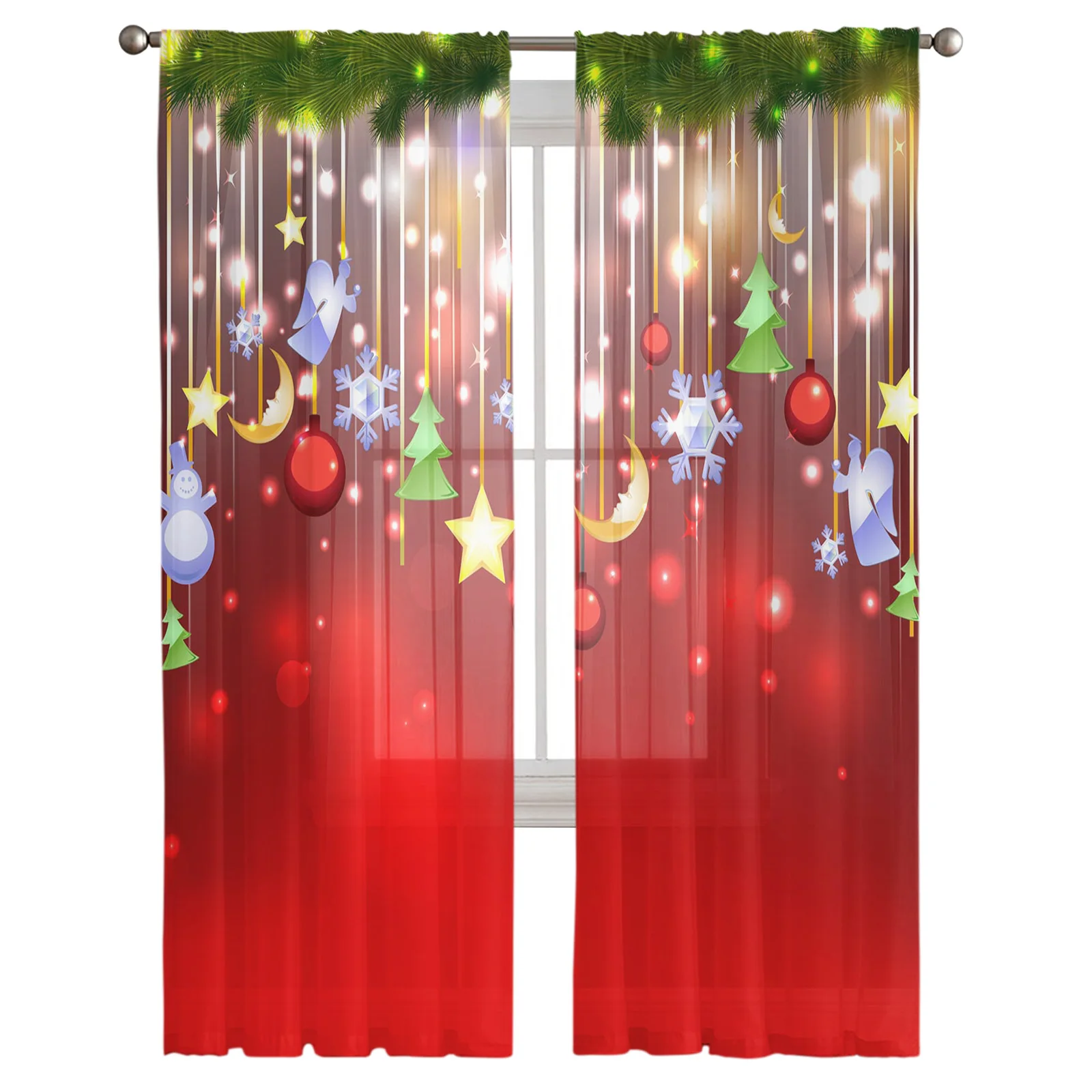 Christmas Ball Stars Christmas Tree Sheer Curtains Home Decorations Window Tulle Curtains For Living Room Bedroom Kitchen