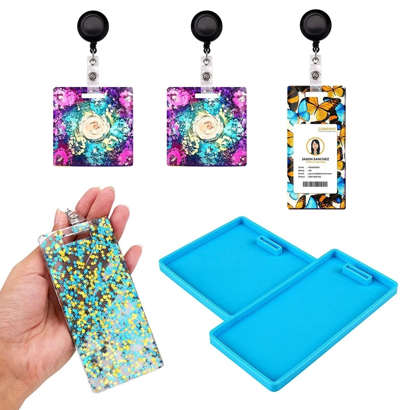 1 Set ID Business Card Silicone Molds Handmade Badge Identification Card Holder Resin Mould with 10Pcs Belt Clip Key Ring