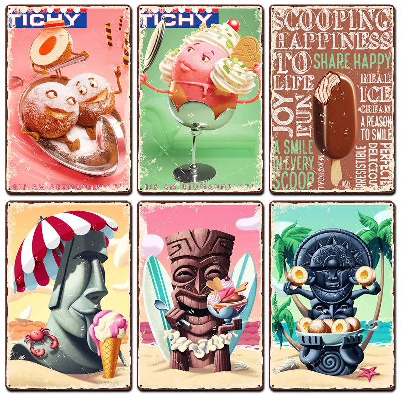 Ice Cream Vintage Metal Poster Retro Chocolate Matcha Cupcake Tin Signs Plaques Wall Decor for Cafe Coffee Shop Club Restaurant