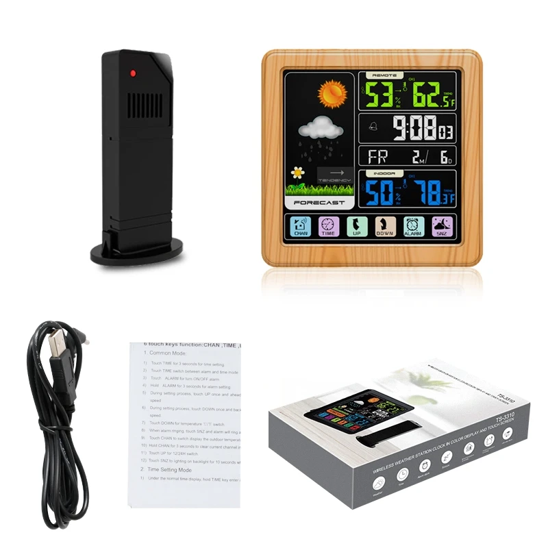 Wireless Weather Station Indoor Outdoor Digital Touch LCD Display Temperature Humidity Monitor Alarm Clock Weather Forecast