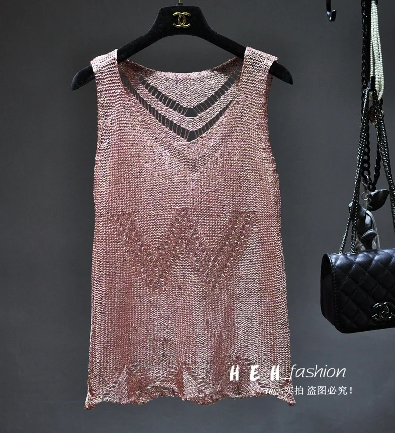 Sequins Sexy Hollow Out Light Silk Condole Belt Vest Gold Sleeveless Knitting Coat Top Mujer Verano 2024 Heart Cut Out Top