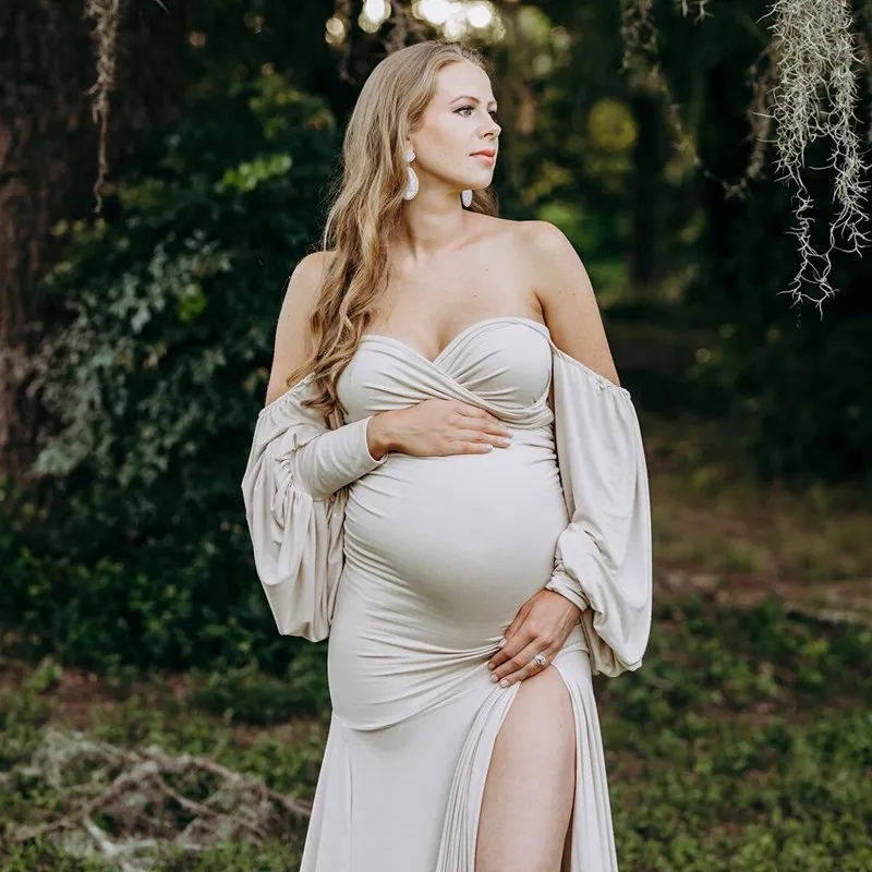 Maternity Maxi Split Gown Dresses for Photo Shoot Lantern Sleeve Pregnant Women Long Baby Shower Dress Pregnancy Photography