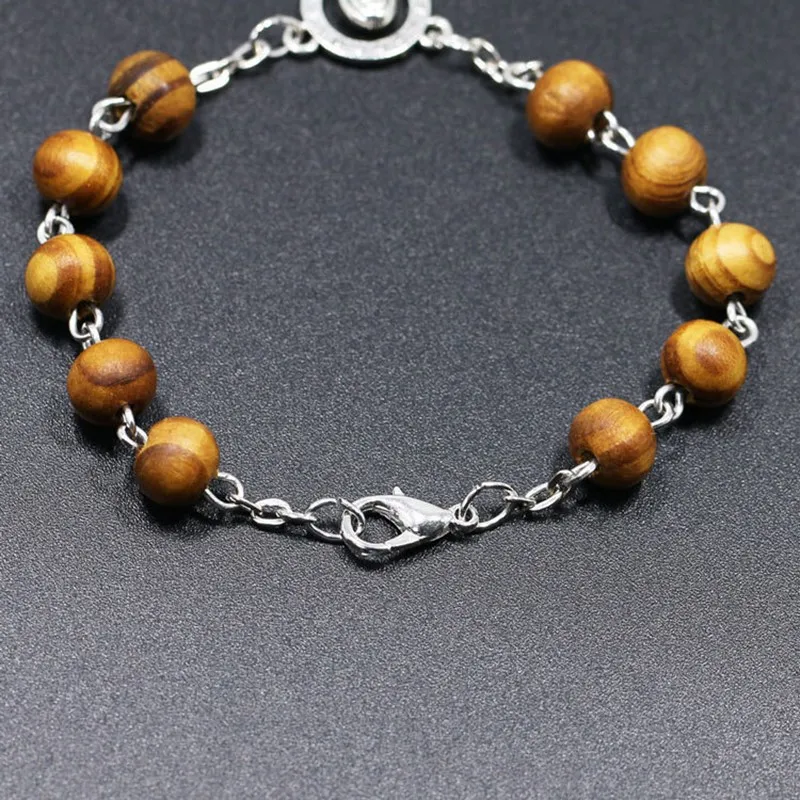 CR005 Round Wood Beads Catholic Rosary Strand Bracelet Unisex Marry Center Pope Rosary Prayer Bracelet Jewelry