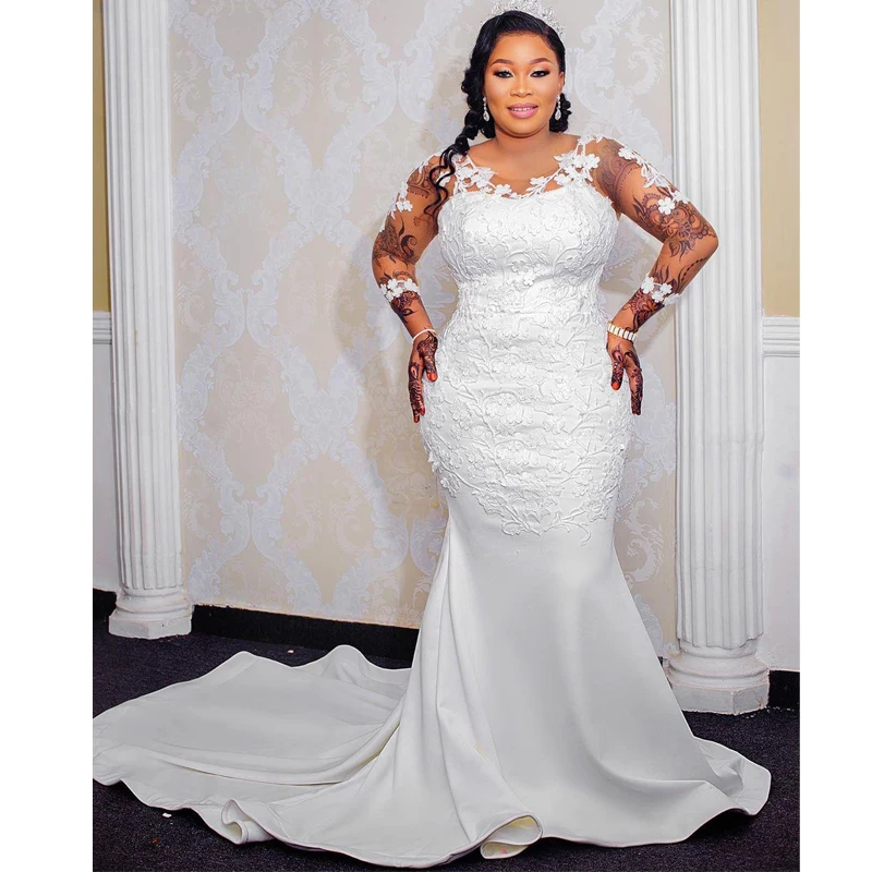 Plus Size Mermaid Satin Wedding Dresses O Neck See Through Long Sleeve Lace Appliques Bridal Gown Country Wedding Gowns