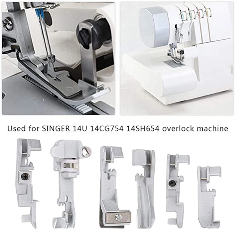 6Pcs Presser Foot Set for Singer 14U Household Multi‑Function Overlock Machine Gathering,Elastic,Cording Piping,Blind Hem,Lace..