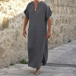 Jubba Thobe Islamic Arabic Kaftan Men Linen Cotton Solid Short Sleeve Hooded Robes Dubai Middle East Muslim Clothes Abaya Homme
