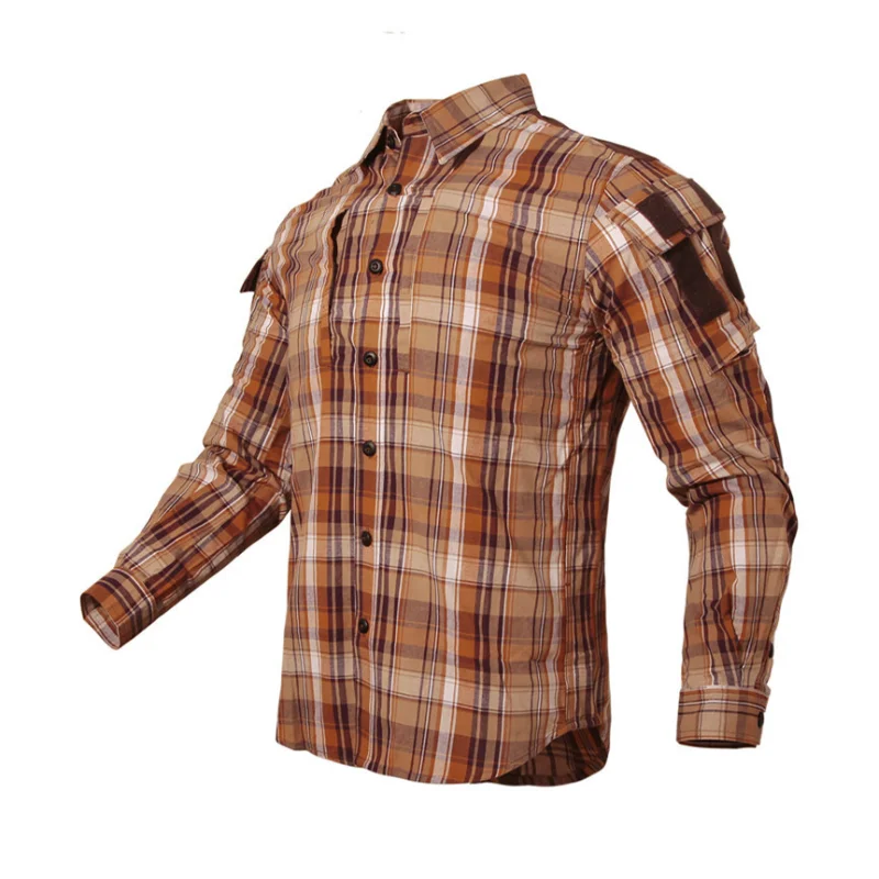 Fan Plaid Tactical Shirt Men Women Long Sleeve Breathable Cotton Plaid Shirt Outdoor Hiking Training Hunting Shirt Uniform