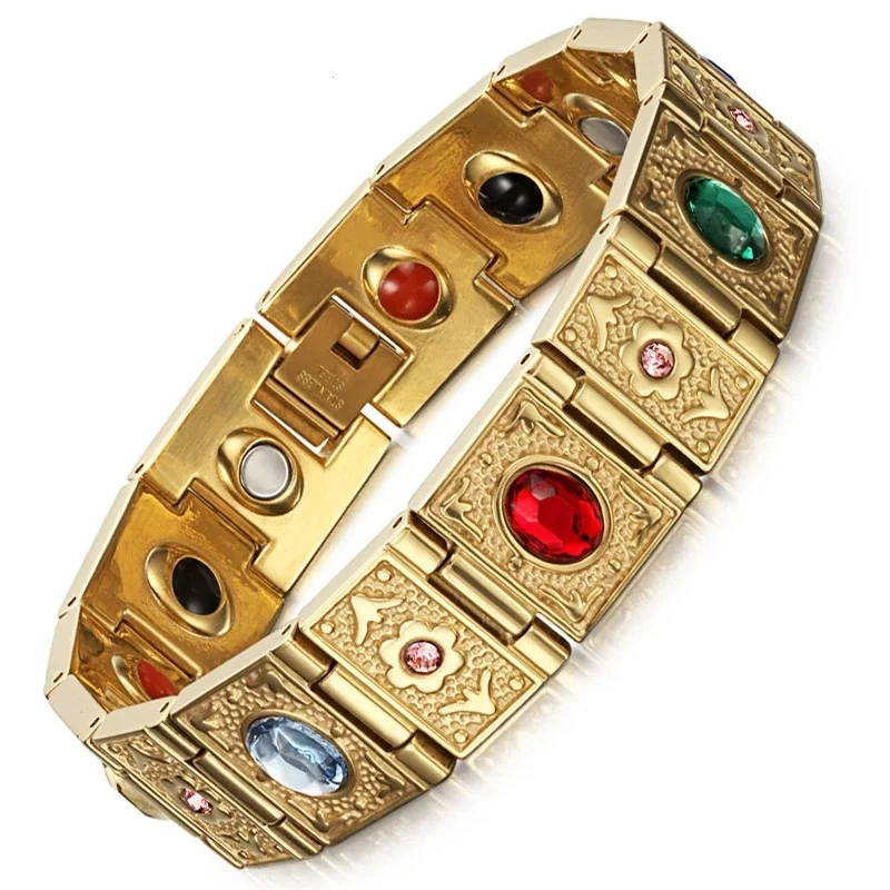 15mm Heavy Punk Gold Color Stainless Steel Bio Energy Chain Bracelet Men Wonen Hiphop CZ Zircon Health Magnetic Bangle Jewelry
