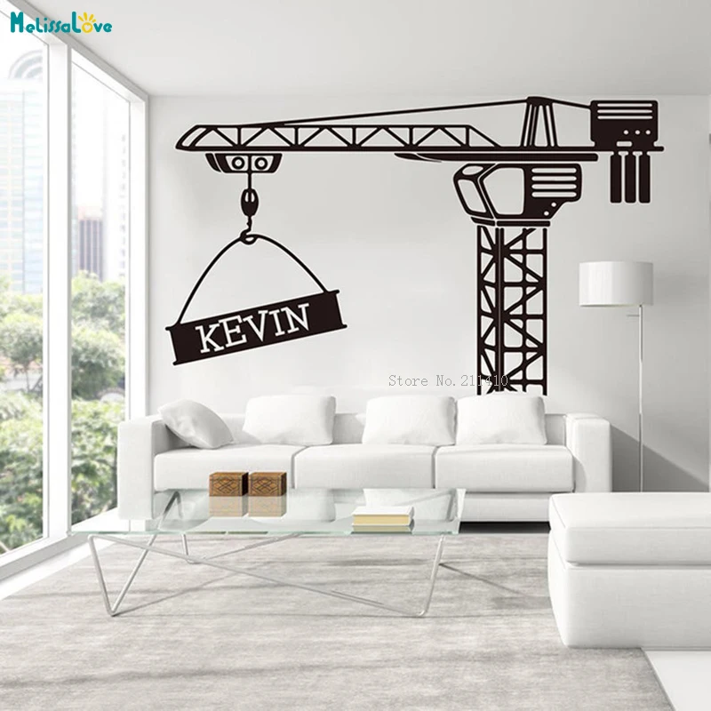 Large Custom Name Construction Tower Crane Wall Decals Personalized Truck Vinyl Cute Sticker for Kid Boys Unique Gift YT2827