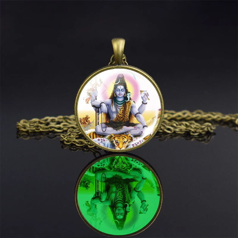 1pc Luminous Lakshmi Goddess God Ganesh Bronze Necklace Glowing Hinduism Glass Cabochon Jewelry Pendant Amulet Gift