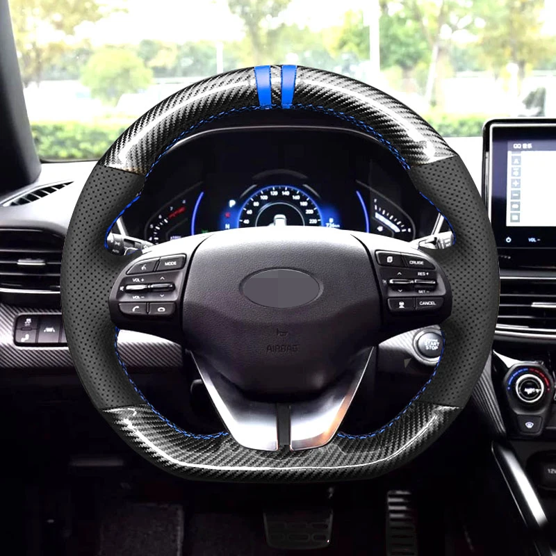 

For Hyundai Veloster 2019 i30 2017-2019 Elantra 2019 Black Genuine Leather Carbon fiber leather DIY Car Steering Wheel Cover