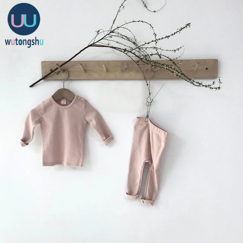 Baby Boy Girl ubrania zestaw jesień bawełna Casual jednolity kolor, długi rękaw topy + spodnie dla 0-24M bielizna nocna Baby Sleepwear Baby Boy