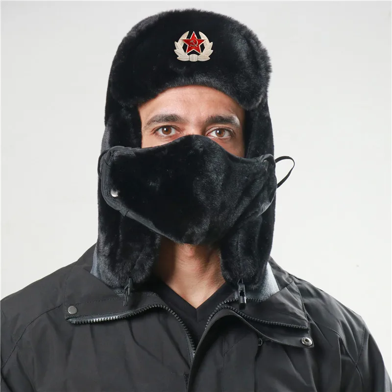 CAMOLAND Soviet Army Military Badge Bomber Hat Men Women Russia Ushanka Hats Faux Rabbit Fur Earflap Snow Caps Trapper Hats