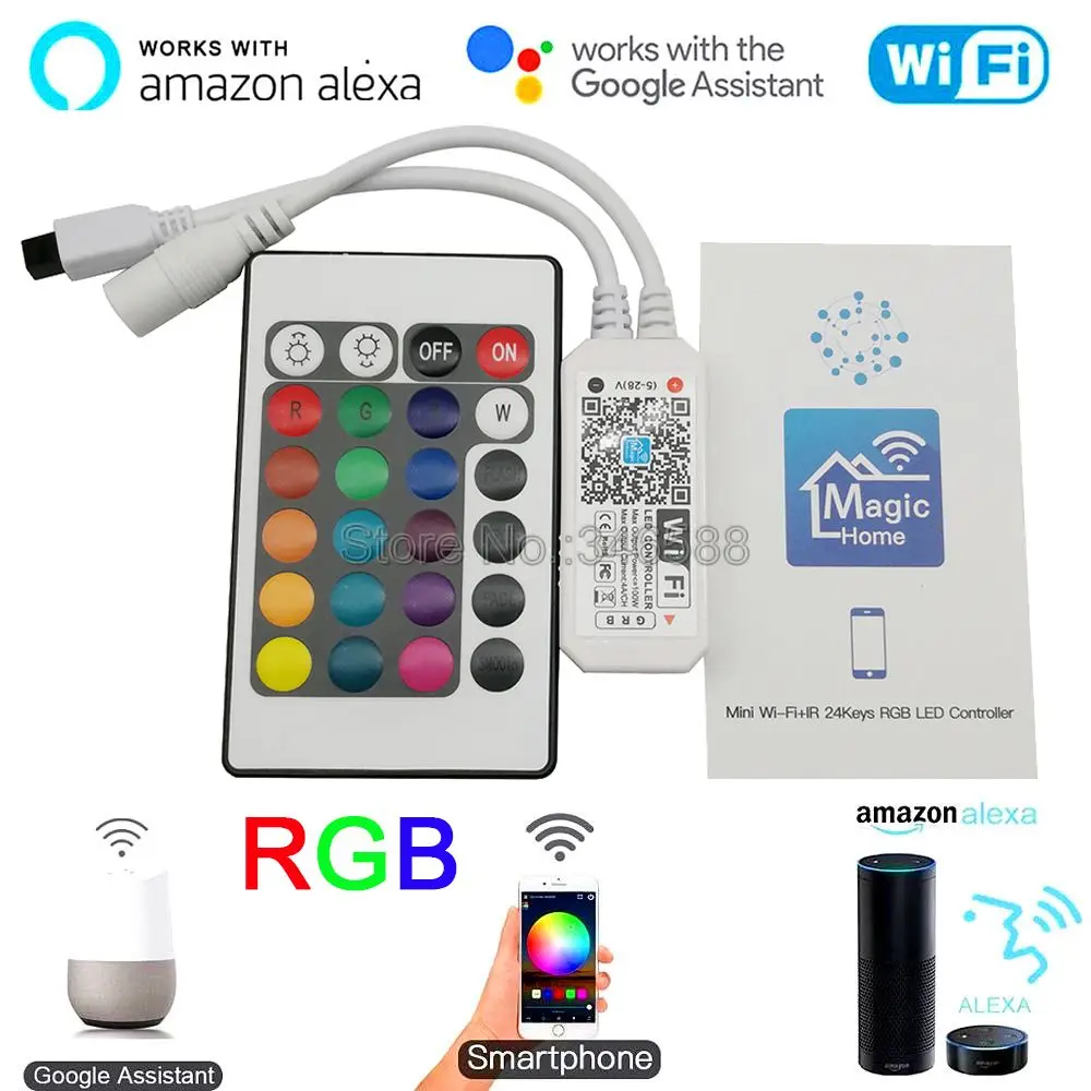 Magic Home Mini WiFi RGB LED Controller with 24Key IR Remote DC5V 12V 24V Support Phone APP Control & Alexa Google Voice Control