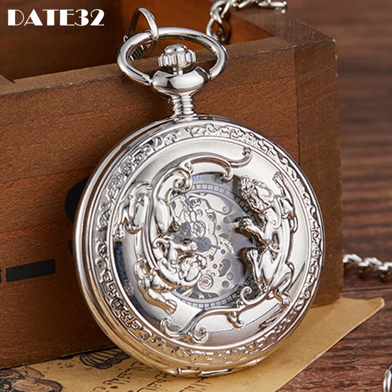 Holy Animal Engrave Mechanical Pocket Watch Roman Numeral Sliver Skeleton Case Male Fob Chain Clock for Men Women Dropshipping