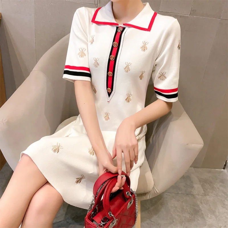 Women Dresses Summer Fashion Embroidered Short Sleeve Knit Slim Mini Dress 2021