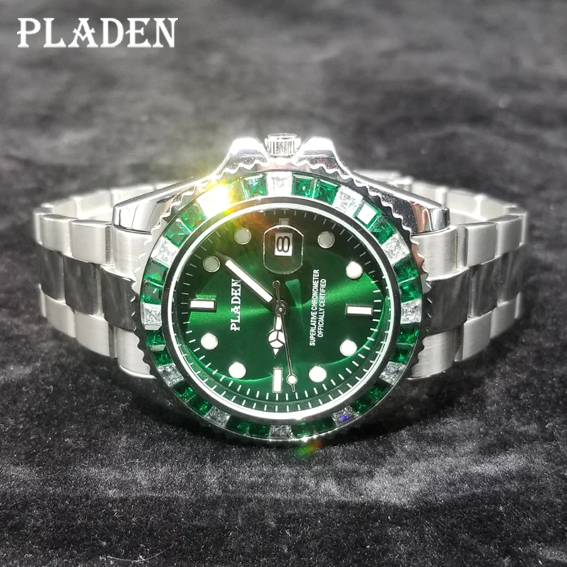 PLADEN 2021 Luxury Men Watches Top Brand Green Gem Decoration Quartz Clock Luminous Stainless Steel Dive Wristwatch Dropshipping