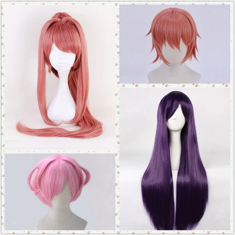 Game Anime DDLC Natsuki Pink Wig Monika 100cm Long Cosplay Sayori Orange Hair Yuri 80cm Purple Wigs + Free Wig Cap