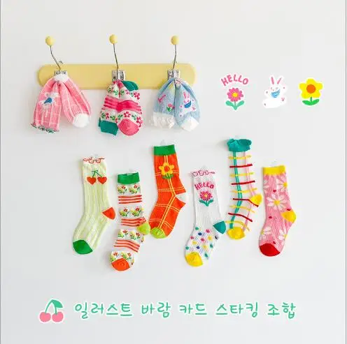 1-8Year 3Pairs 2024 summer thin ins illustration wind card silk socks breathable girl socks