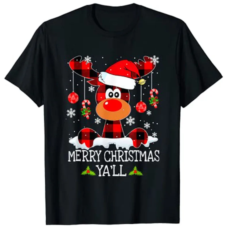 

Merry Christmas Ya'll Reindeer Santa Hat Buffalo Red Plaid T-Shirt Graphic Tee Tops