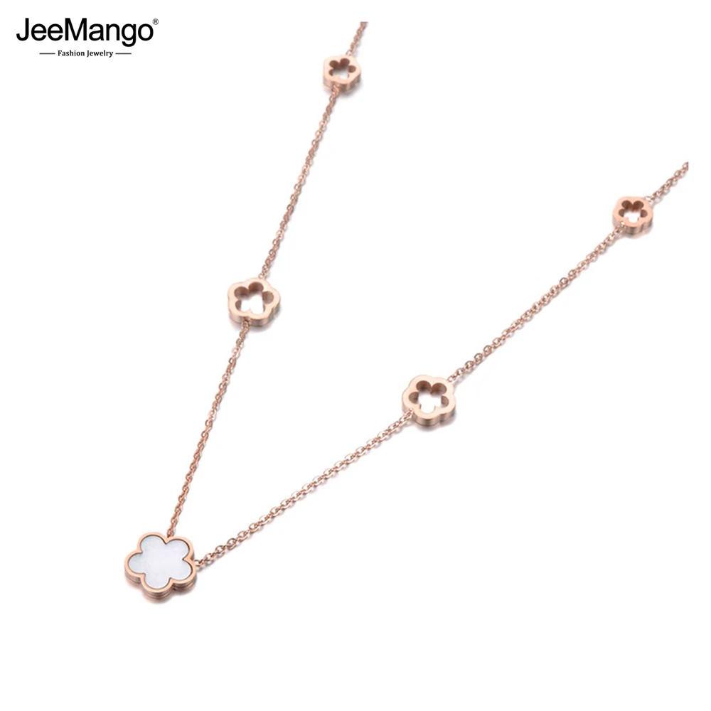 JeeMango New Design Titanium Steel 5Pcs Flower Charm Pendant Jewelry Rose Gold Color Shell Wedding Necklaces For Women JN19100