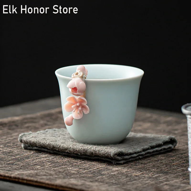 80ml Boutique Azure Ru Kiln Celadon Sample Tea Cup Handmade Knead Pink Plum Blossom Ceramic Smelling Cup Kung Fu Tea Ceremony