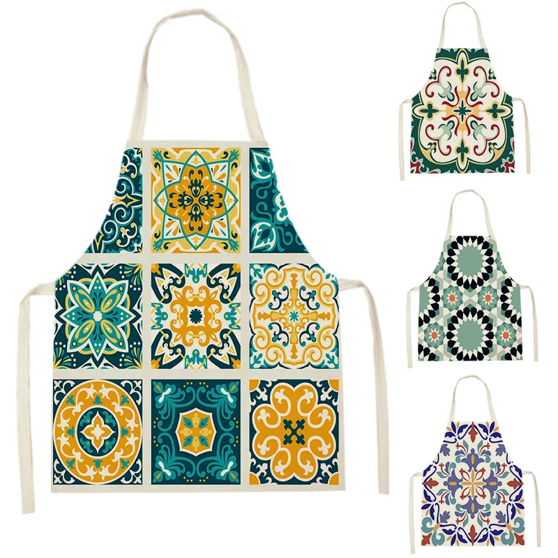 1Pcs Mandala Lattice Kitchen Apron Moroccan Striped Men Women Chef Cooking Aprons Geometry Cleaning Pinafore 47-38cm Delantal