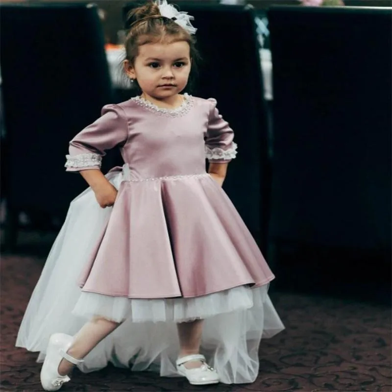 Kids Blush Pink Jewel Removable Skirt Flower Girl Dresses For Wedding 3/4 Sleeves Beaded Lace Tea Length Pricess Pageant Gowns