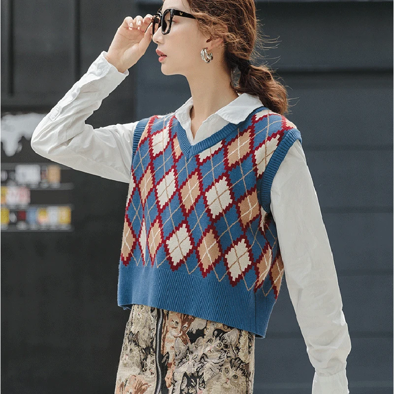 New Women V-neck Preppy Style Sweater Vests Y2K Top Argyle Sleeveless Streetwear pullover for 2024 Dropshipping